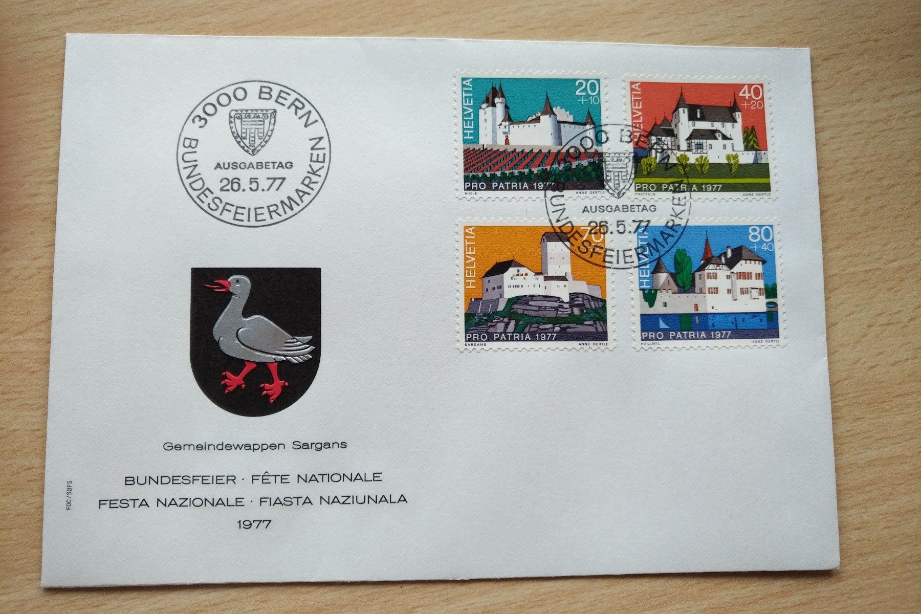 Tutti i francobolli: Bundesfeiermarken 1977 mit Sargans-Wappen – Nuovo e nell'imballaggio originale da Seltisberg venduto da smi_x7rx