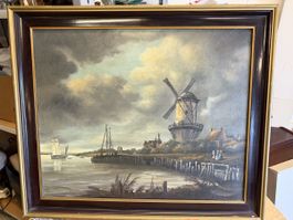Ölgemälde "Windmühle" im Rahmen, signiert, Vintage Stil