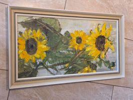 Originales Ölgemälde mit Sonnenblumenmotiv und Vintage Rahme
