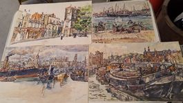 4 schöne Aquarelle Max Kälin Hafen Amsterdam Paris