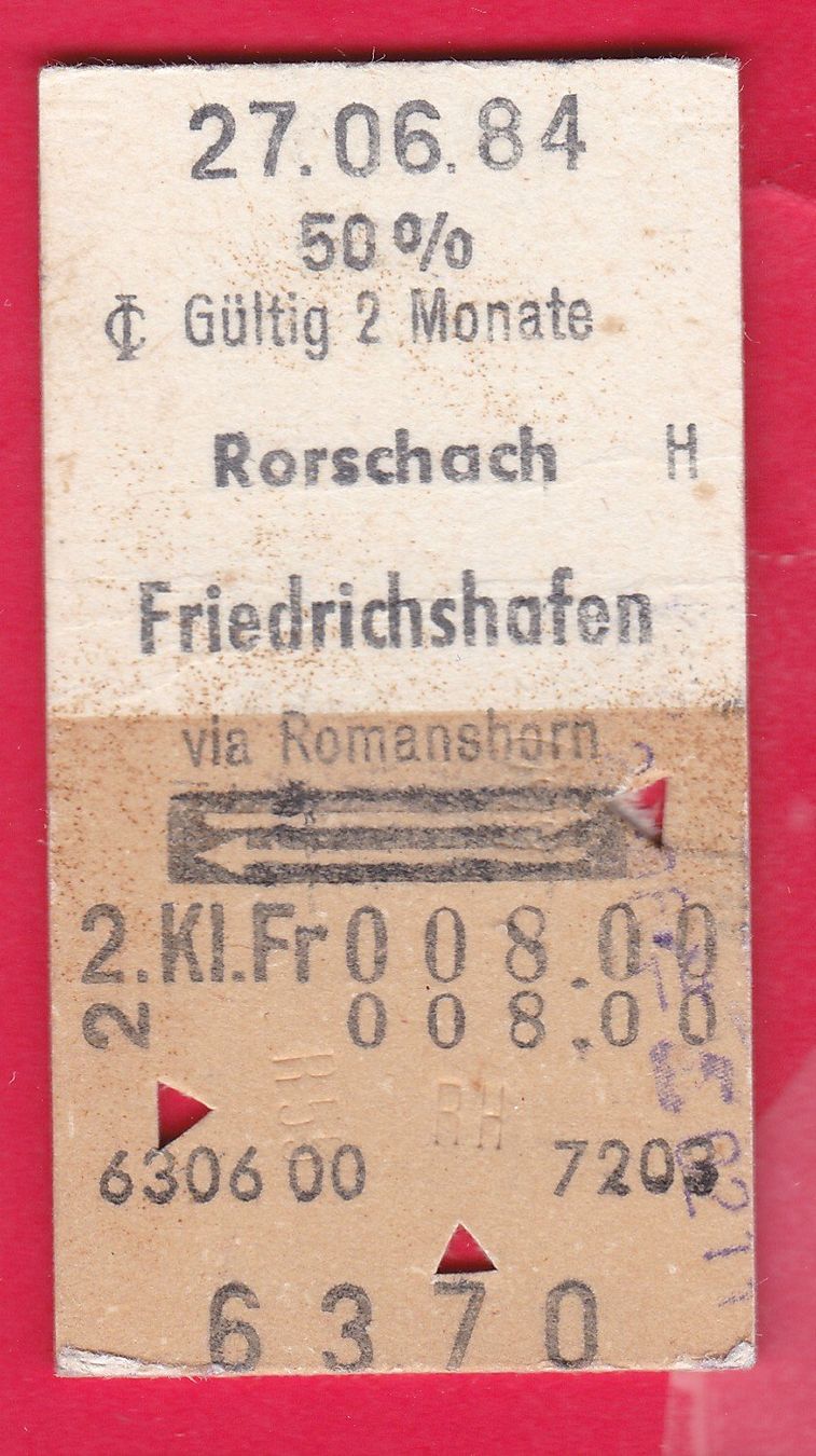 Tickets: KARTON BILLETT,RORSCHACH - FRIEDRICHSHAFEN,2.KLASSE,RETOUR,H – Gebraucht aus Oberrieden von Gebirgsstelze