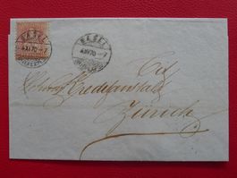 1870, Nr.38 mit Abart FARBFEHLSTELLE von Basel nach Zürich.