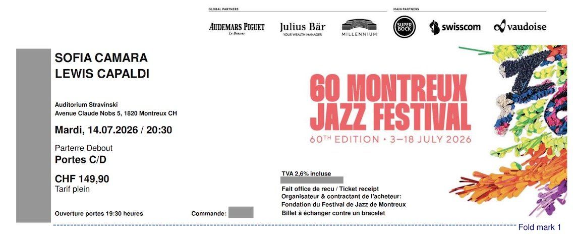 Biglietti: 2X SOFIA CAMARA, LEWIS CAPALDI, MONTREUX JAZZ 2026 – Nuovo (secondo la descrizione) da Sion venduto da sourdarmstadtium