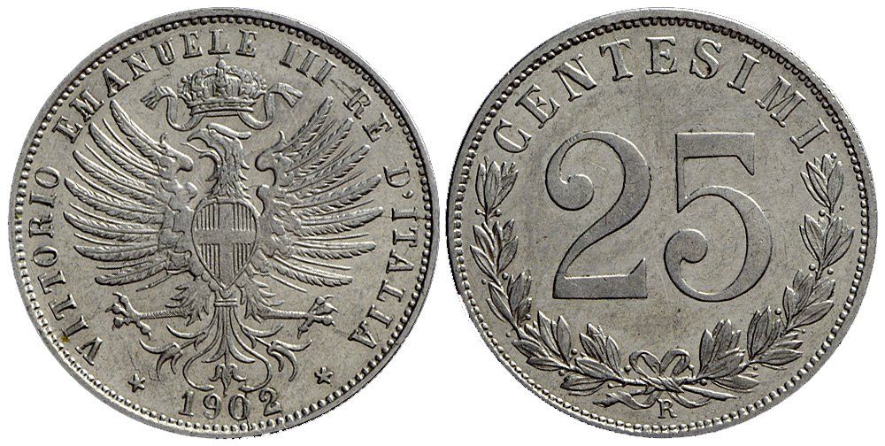 Tutti le monete: Italien, 25 Cents 1902 – Usato da Chiasso venduto da Novamarketing