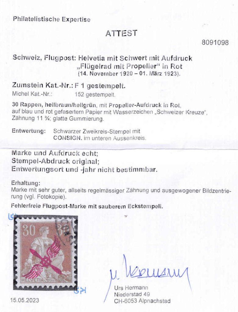 Alle Briefmarken: F1, Flugpostmarke mit Propeller Eckstempel Attest Kt. 2000.- – Neu (gemäss Beschreibung) aus Baden von Eggi