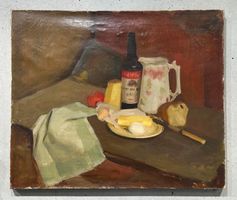 Stillleben mit Weinflasche, Käse und Brot