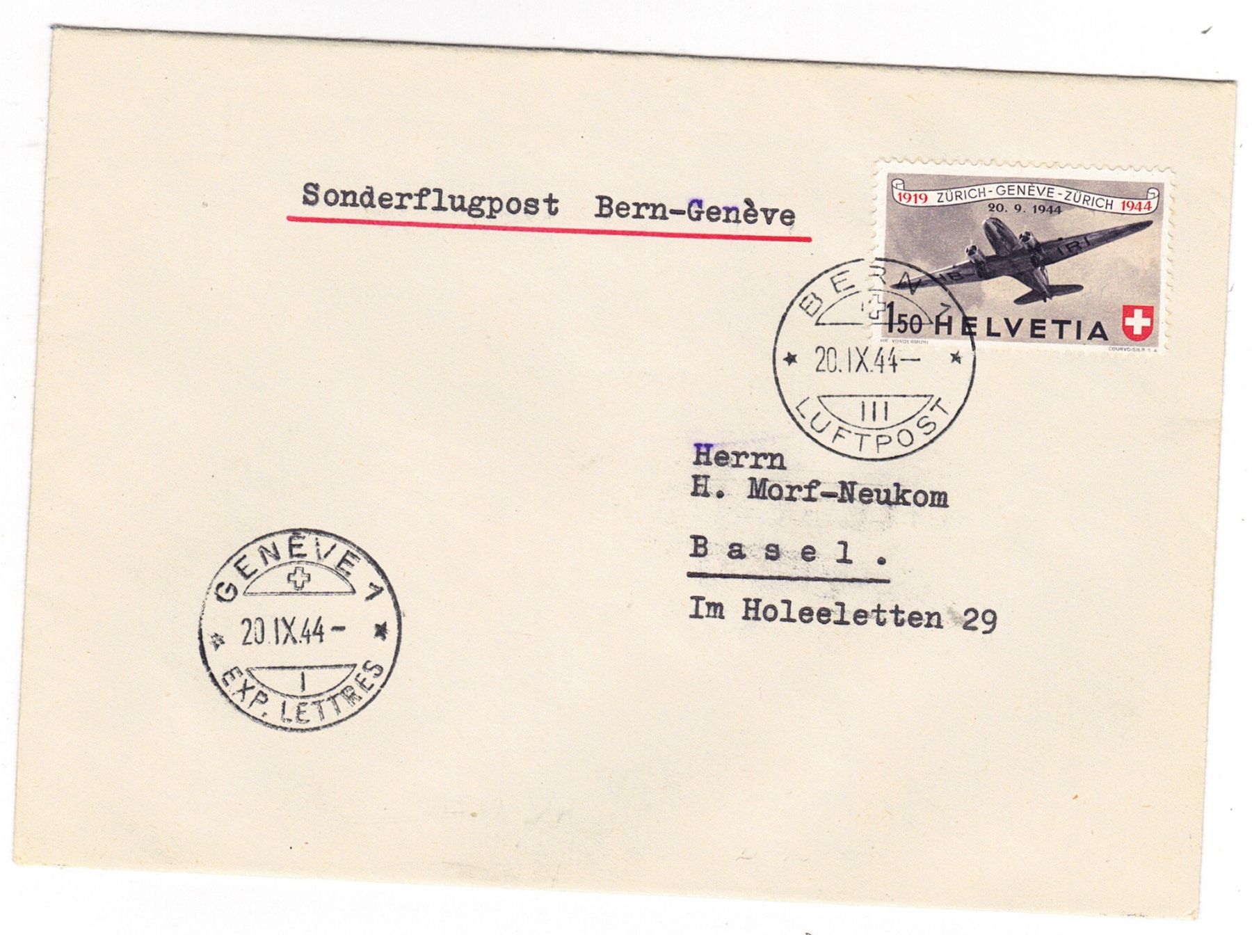 Tous les timbres: Vol Bern-Genève du 20.IX.44 – D'occasion à La Tour-de-Peilz par amjust