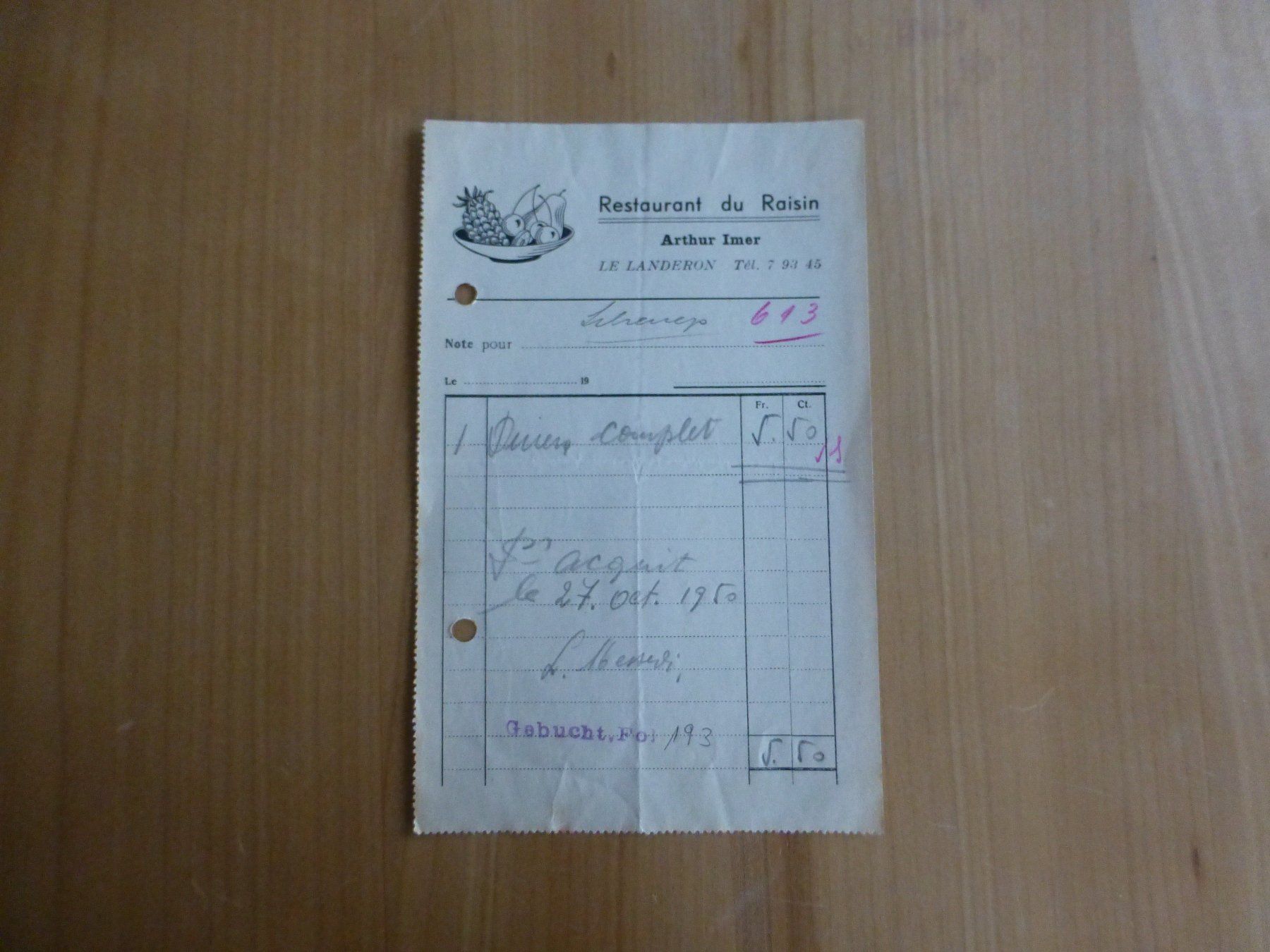 Poster & Bilder: Le Landeron, Restaurant du Raisin, Arthur Imer, 1950 – Gebraucht aus Bettlach von 1saurer