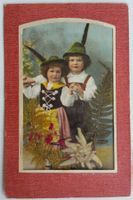 AK von 1908: Trachtenkinder mit echtem Edelweiss, Farn, Moos