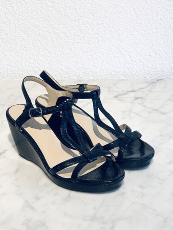Chic Black Leather Wedge Summer Sandals, Size 38, Top!