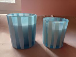 neu: 2x Kerzen im blauen Streifen-Glas, maritim