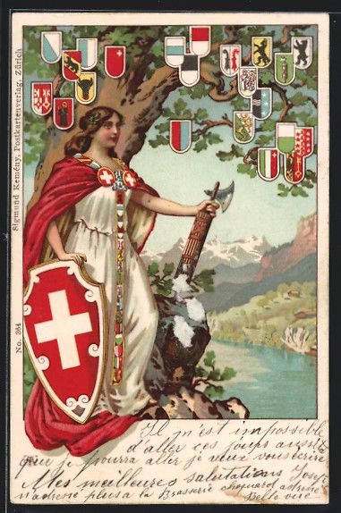 Cartoline postali: Litho Schweiz, Helvetia mit Schild, Kant – Usato da Berlin venduto da bartko-reher