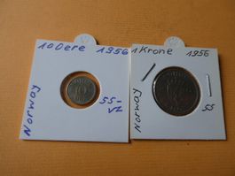 Norwegen 1956, Set 10 Oere und  1 Krone