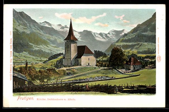 Cartoline postali: Frutigen, Kirche, Doldenhorn und Altels – Usato da Berlin venduto da bartko-reher