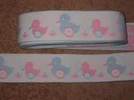 Webband weiss mit rosa/hellblauen Entli 3,5cm breit