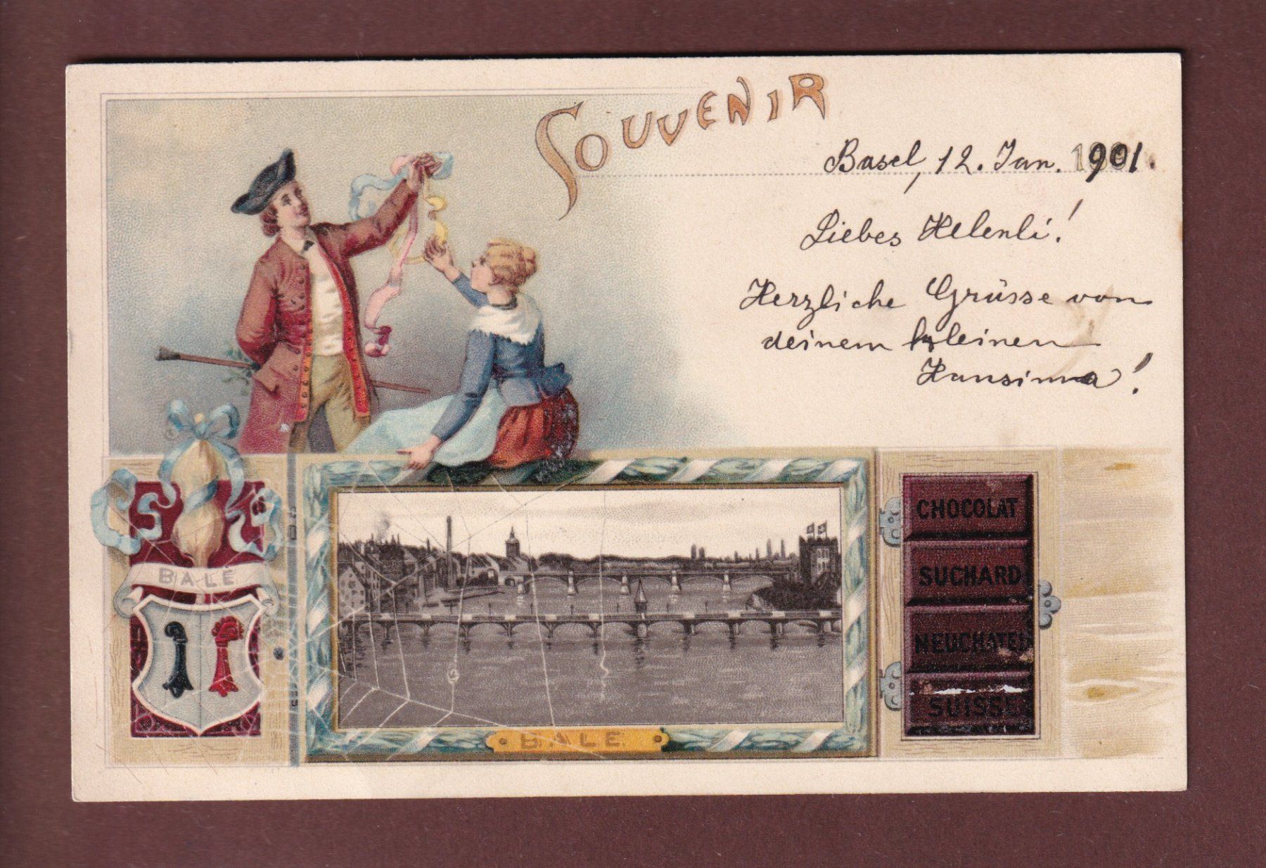 Cartoline postali: Souvenir de BÂLE - Chocolat Suchard - 1901 – Usato da Pully venduto da nicecards