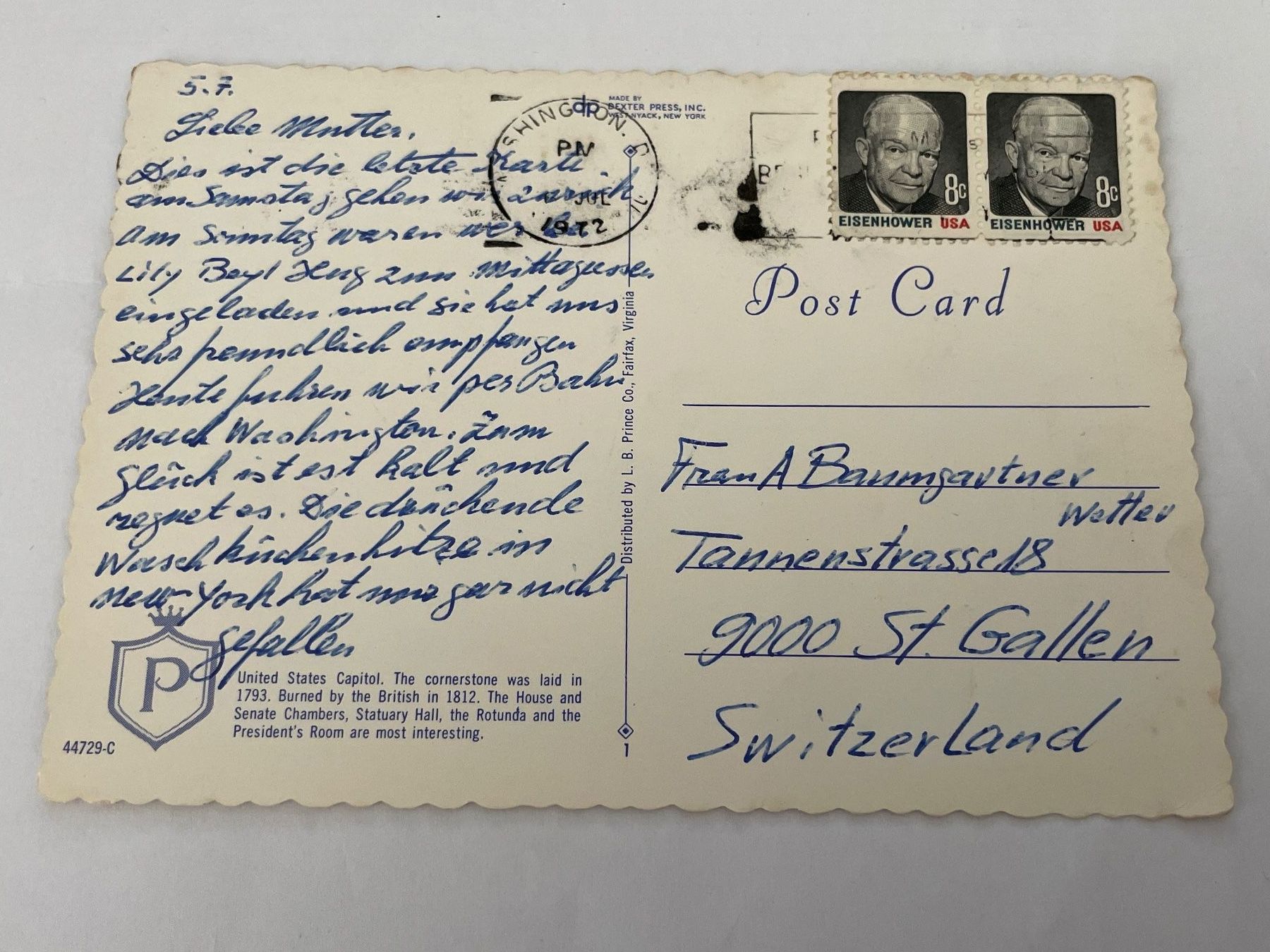 Cartoline postali: Ansichtskarte Bild von Washington, D.C, US Capitol – Usato da St. Gallen venduto da Gallus8 1