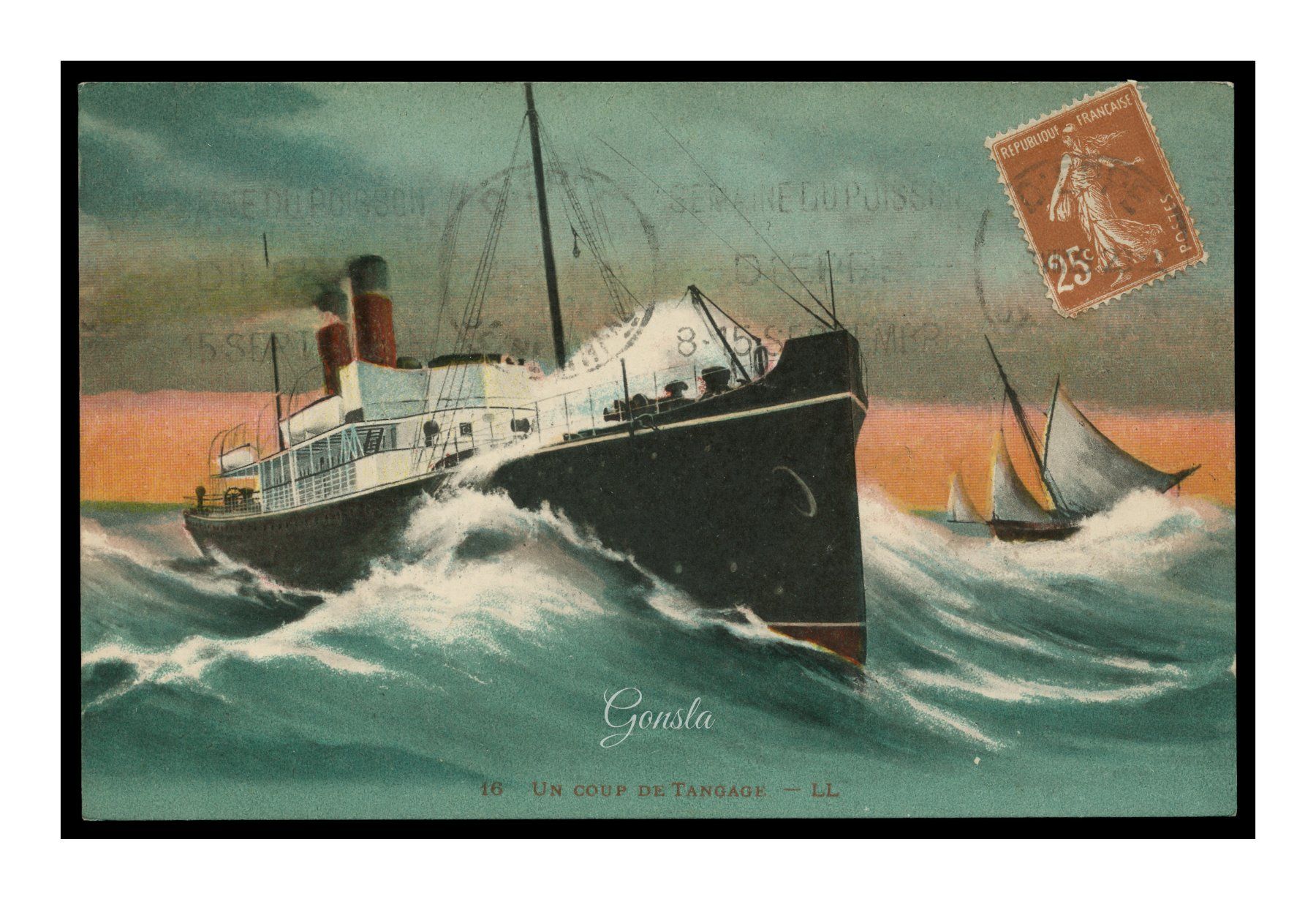 Cartoline postali: BATEAU DE PÊCHE - 1925 "Un coup de Tangage" – Usato da Onex venduto da gonsla01