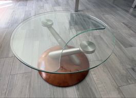 Table basse pivotante verre et bois socle rond stable