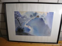 Vietnam Malerei, Aquarell, gerahmt, Berglandschaft