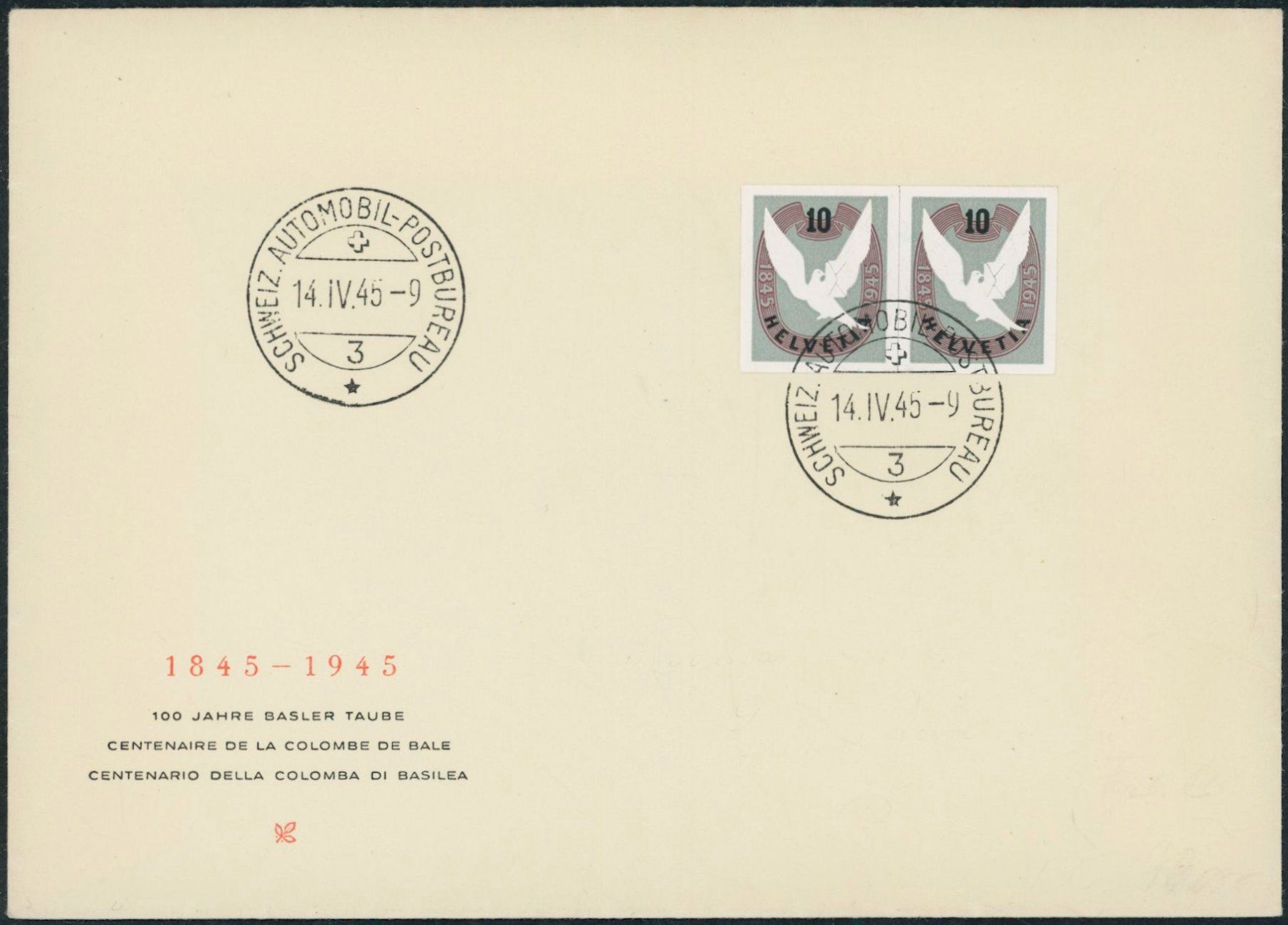 Tutti i francobolli: 1945 - Basler Taube - Blockausschnitte - FDC ET – Usato da Schindellegi venduto da leecollect