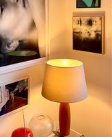Schöne Lampe mit Teakholzfuss und Stoffschirm, Top Zustand! 