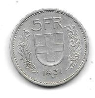 Schweizer Silbermünze 5 Fr. 1931 13 Sterne über Kopf