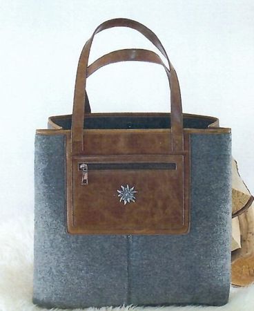 Tasche Filz grau Riemen Kunstleder braun Metall Edelweiss