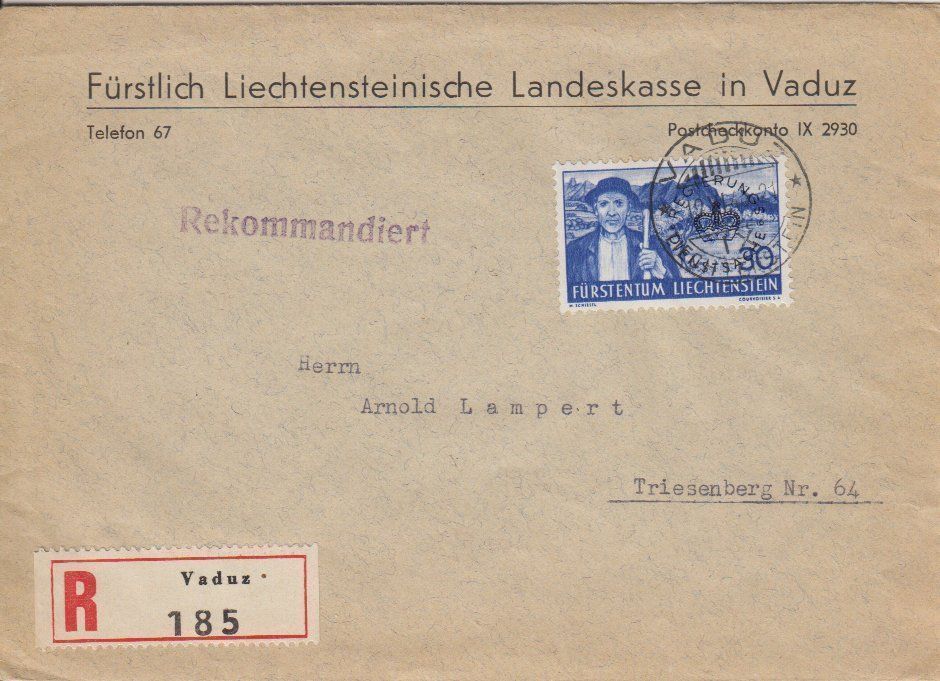 Tutti i francobolli: Liechtenstein: R-Brief 1945 – Usato da Eschlikon TG venduto da PhilCon
