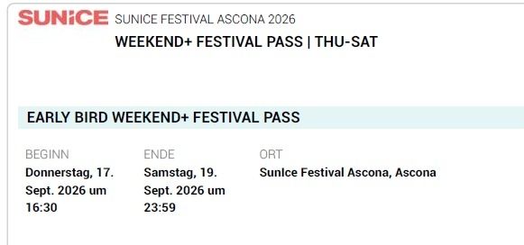 Biglietti: Sunice Ascona, 2x Tickets WEEKEND+ – Nuovo e nell'imballaggio originale da Dettighofen venduto da HergAir 1