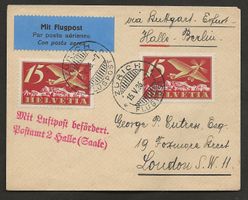 Flugpost Schweiz 1926 Zürich Halle London Luftpost Erstflug