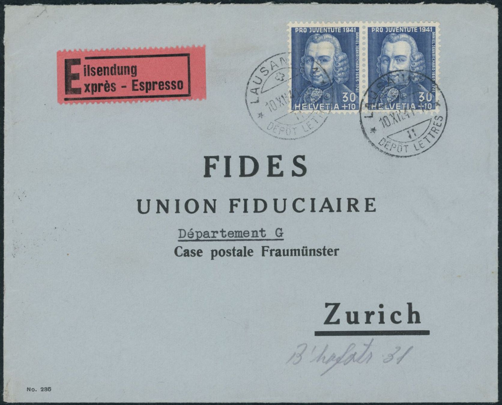Alle Briefmarken: 1941 - Pro Juventute - Express Brief - MeF – Gebraucht aus Schindellegi von leecollect