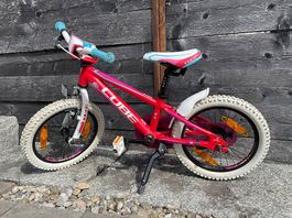 Kinderfahrrad Velo, 16 Zoll, Cube Rot, Rosa, Weiss