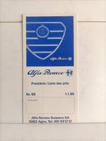 Tarif Alfa Romeo 1985 Nr.86 Preisliste (Suisse)