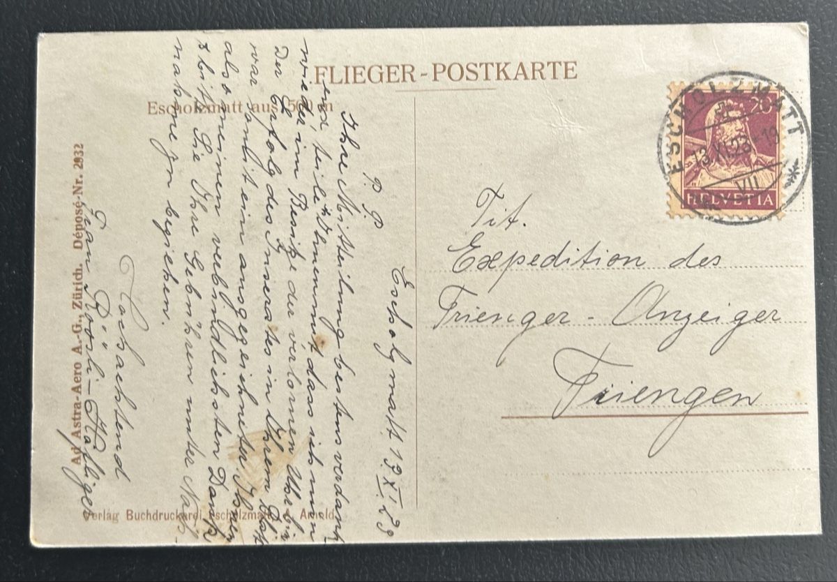 Cartoline postali: Fliegerpostkarte Escholzmatt  – Usato da Horw venduto da Tellbub 1