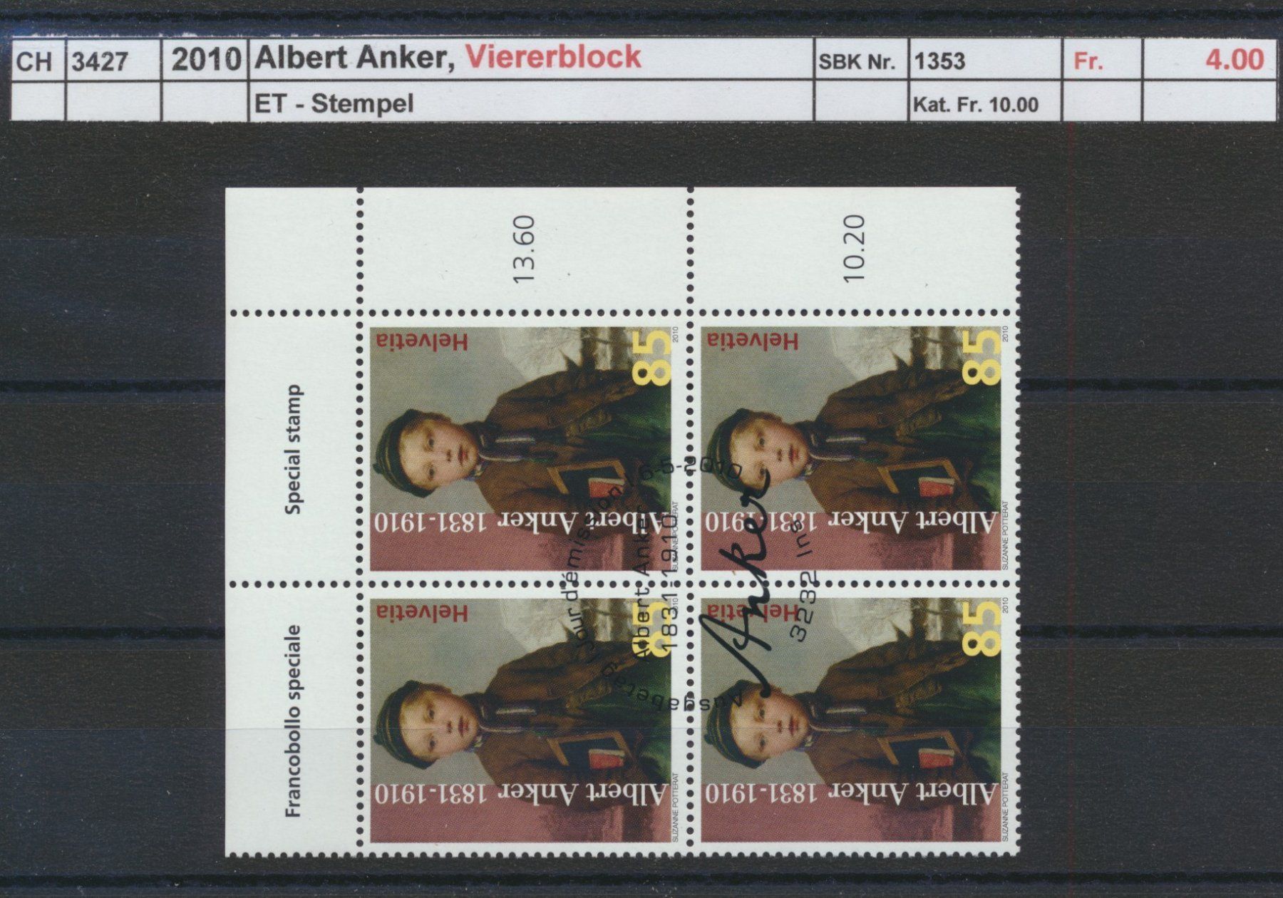 Tutti i francobolli: 2010 "Albert Anker", Viererblock, ET - Stempel – Usato da Winterthur venduto da Zupogeru
