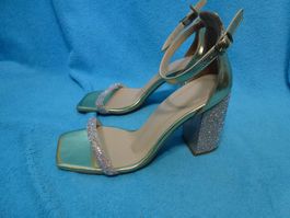 STRASS SANDALEN GOLD GR 37 NEU FESSELRIEMEN FESTLICH BLOCK