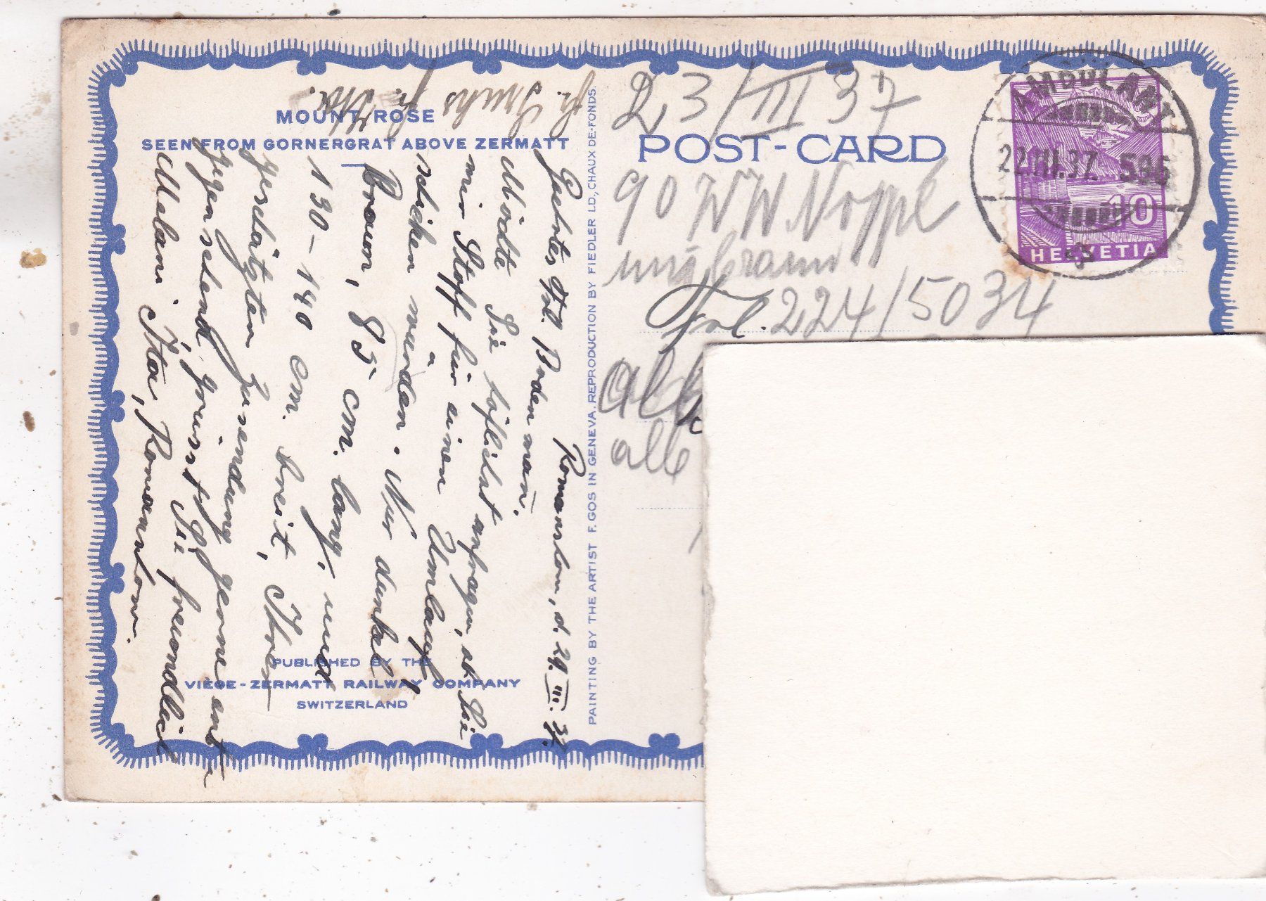 Cartoline postali: Kitsch Kunst Monte Rosa vom Gornergrat 1937 – Usato da Herisau venduto da Lisegrat2008 1