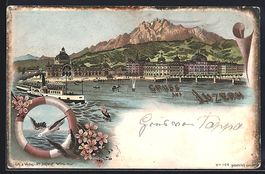 Litho Luzern, Teilansicht und Dampfer St