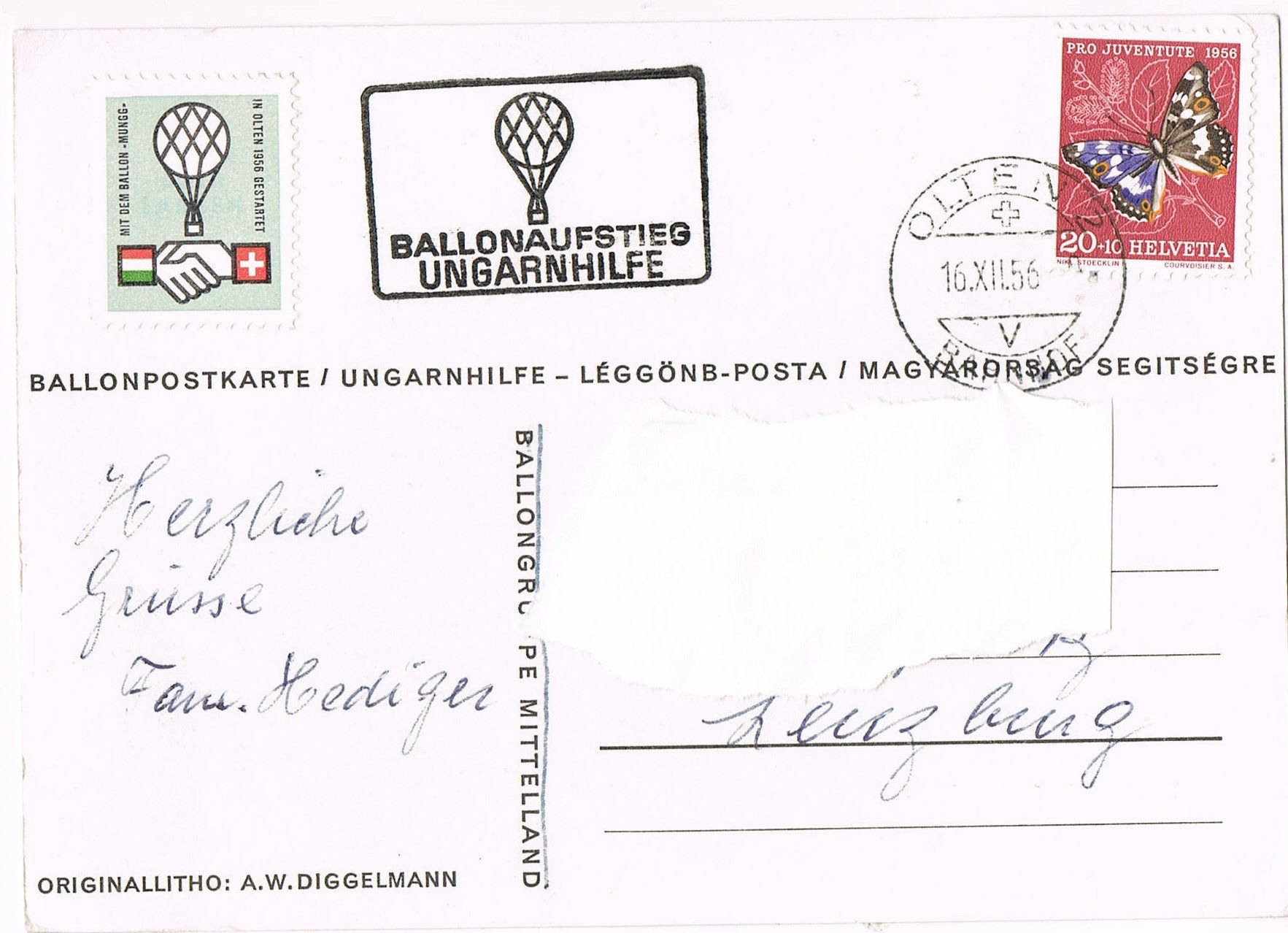 Ansichtskarten: Ballonpostkarte UNGARNHILFE 1956 – Gebraucht aus Buchs AG von Baerfisch 1