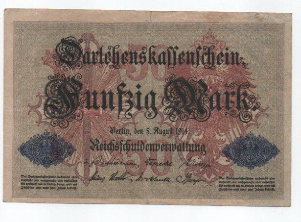 Banknoten: 50 MARCHI - 5 AGOSTO 1914 - GERMANIA – Gebraucht aus CHIASSO von Rochelle59.