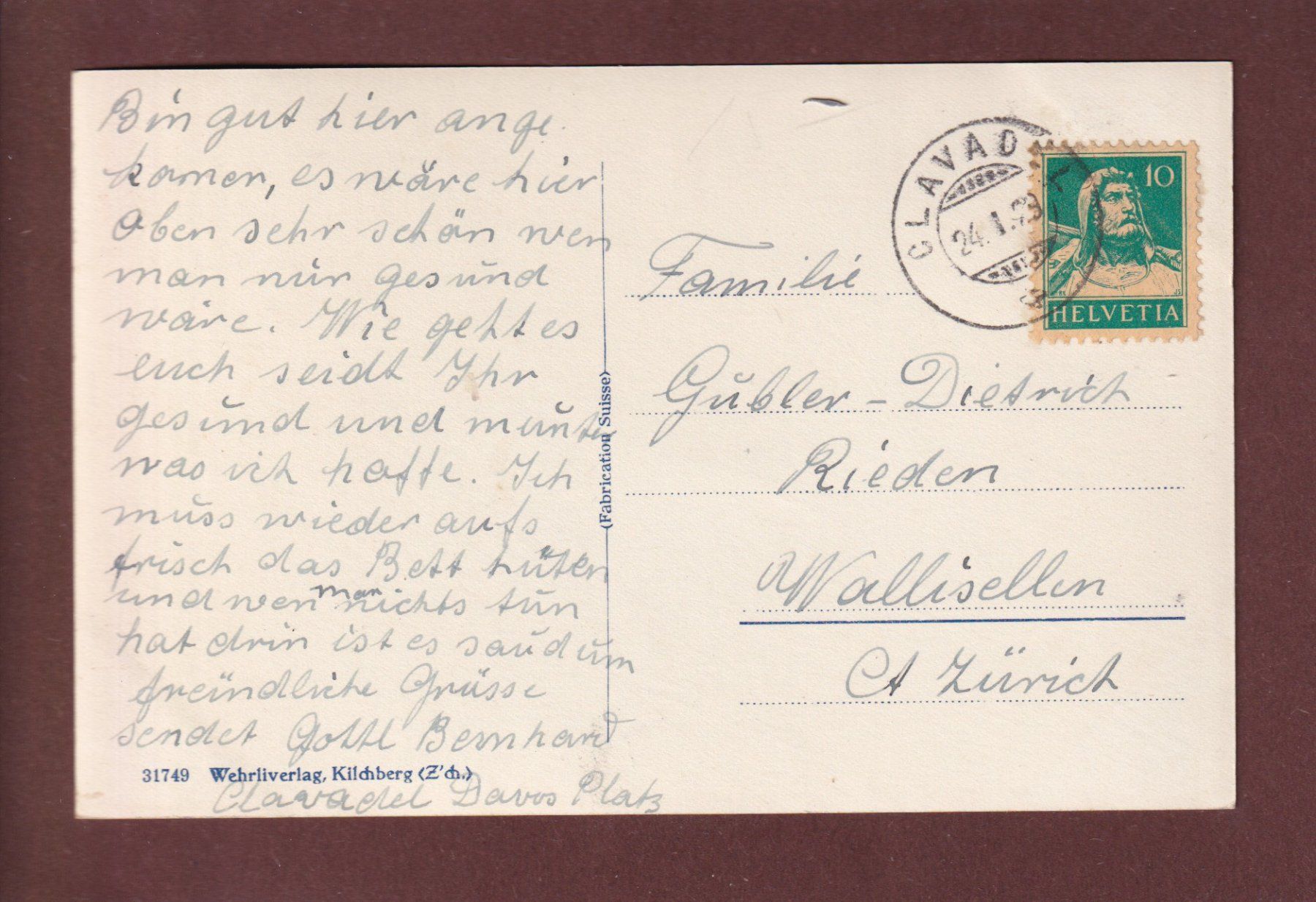 Ansichtskarten: DAVOS-CLAVADEL - 1928 – Gebraucht aus Pully von nicecards 1