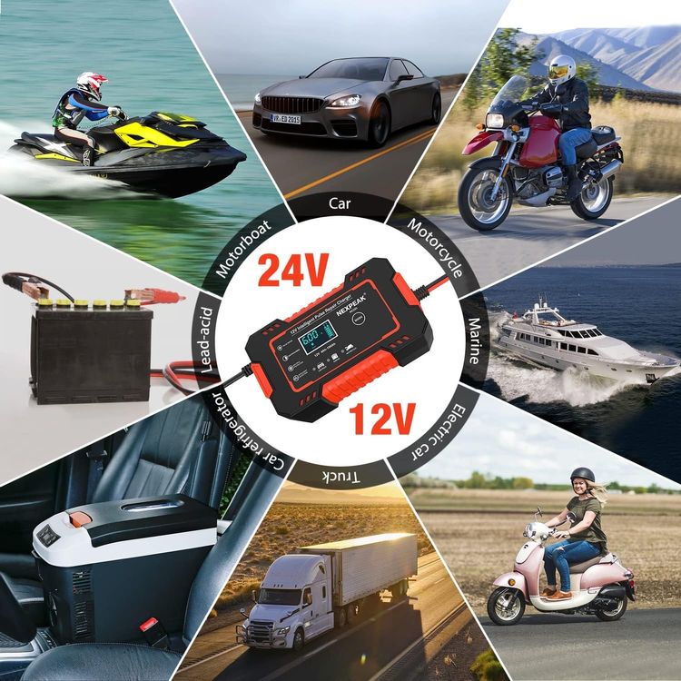 Autobatterie-Ladegerät, 8A 12V/24V Vollautomatisches Autobatterie-Ladegerät  mit LCD-Display, Smart Erhaltungsladegerät für Autos, Motorräder