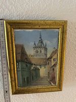 Kleines StadtansichtenÖlgemälde mit Turm, ca. 21 cm