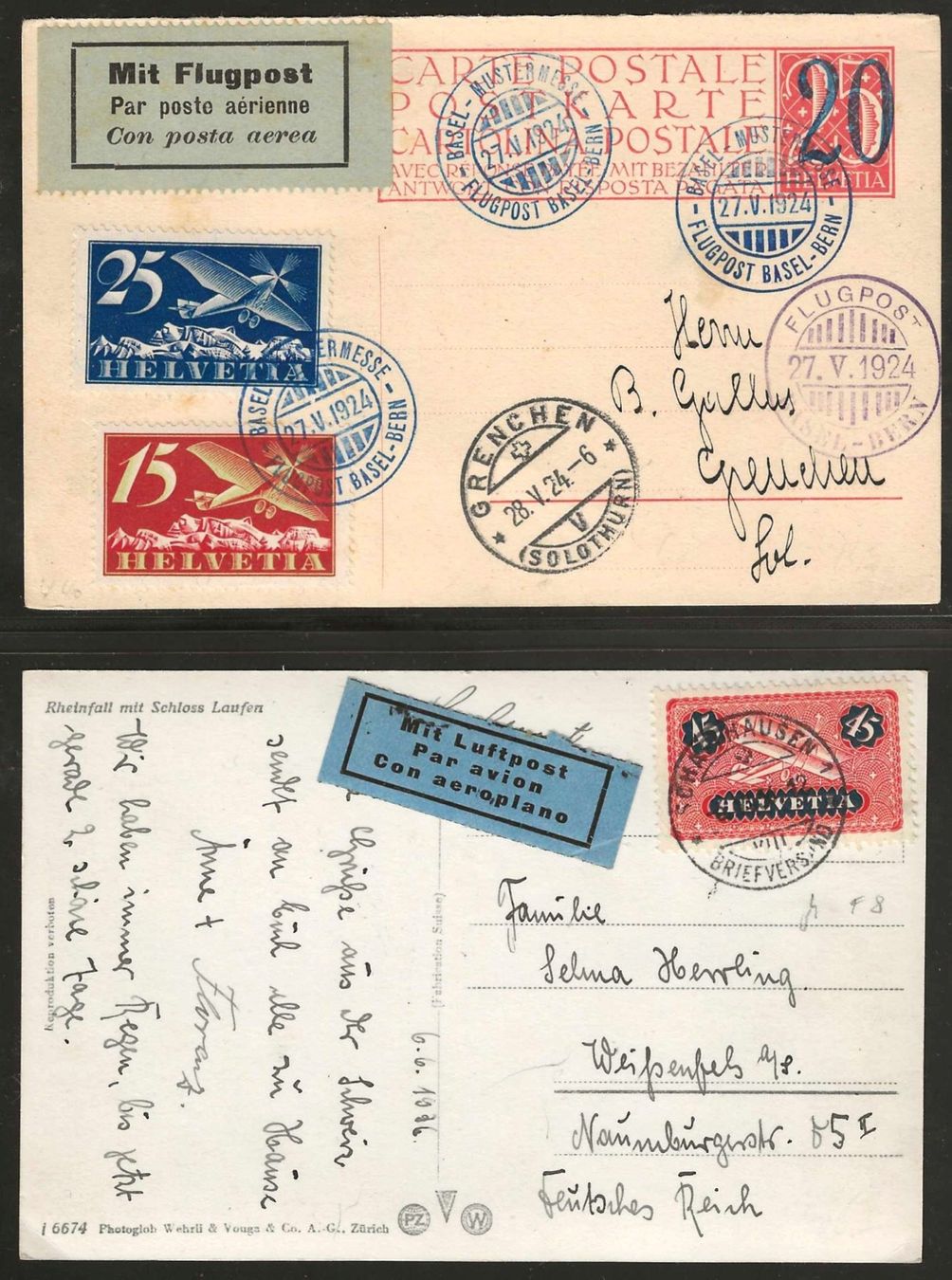 Tutti i francobolli: 1924/36 : 2 Karten mit CH Flugpost – Usato da Gümligen venduto da Geniusbuy