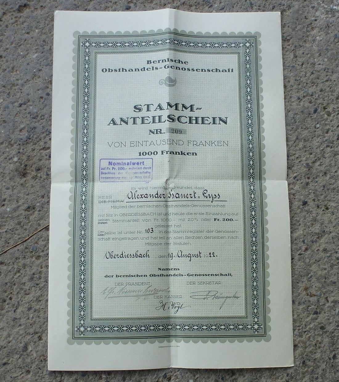 Documents: Bernische Obsthandels-Gesellschaft. – D'occasion à Walkringen par Casablanca777