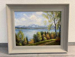 74cmbreitx59cmhoch/Ölgemälde, Herbst am See mit Bergpanorama