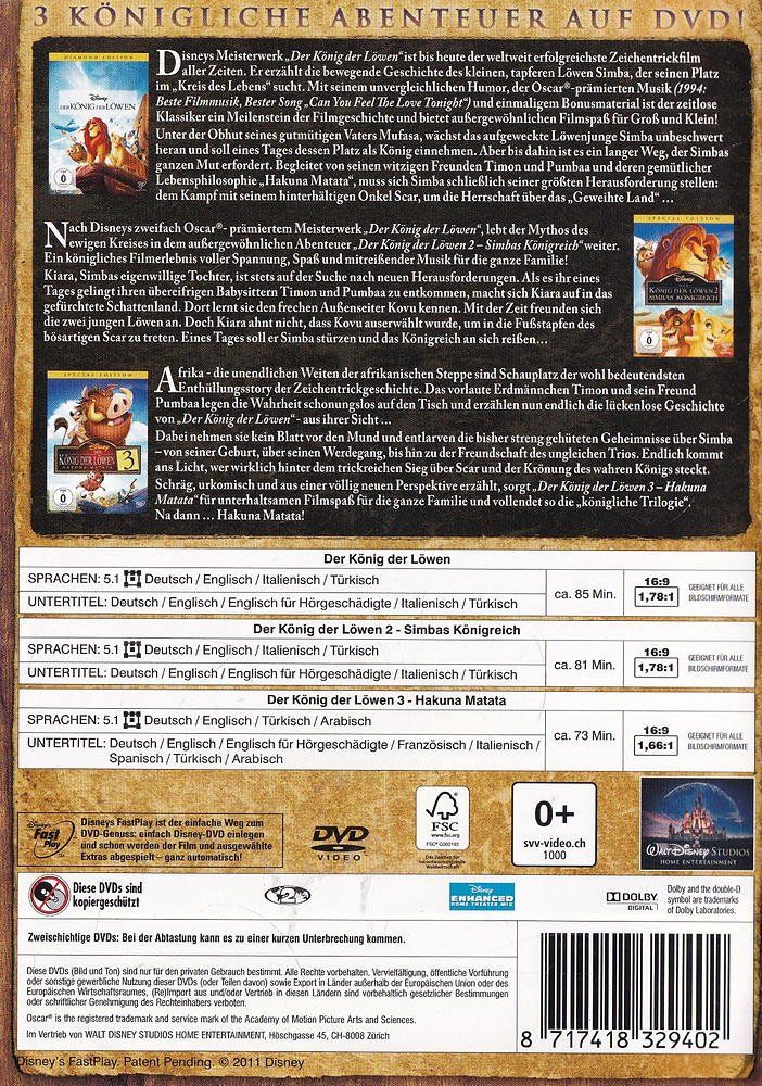 Tutti i DVDs: Der König der Löwen Teil 1 - 3 DVD – Nuovo (secondo la descrizione) da Riehen venduto da M.S.DVD 1