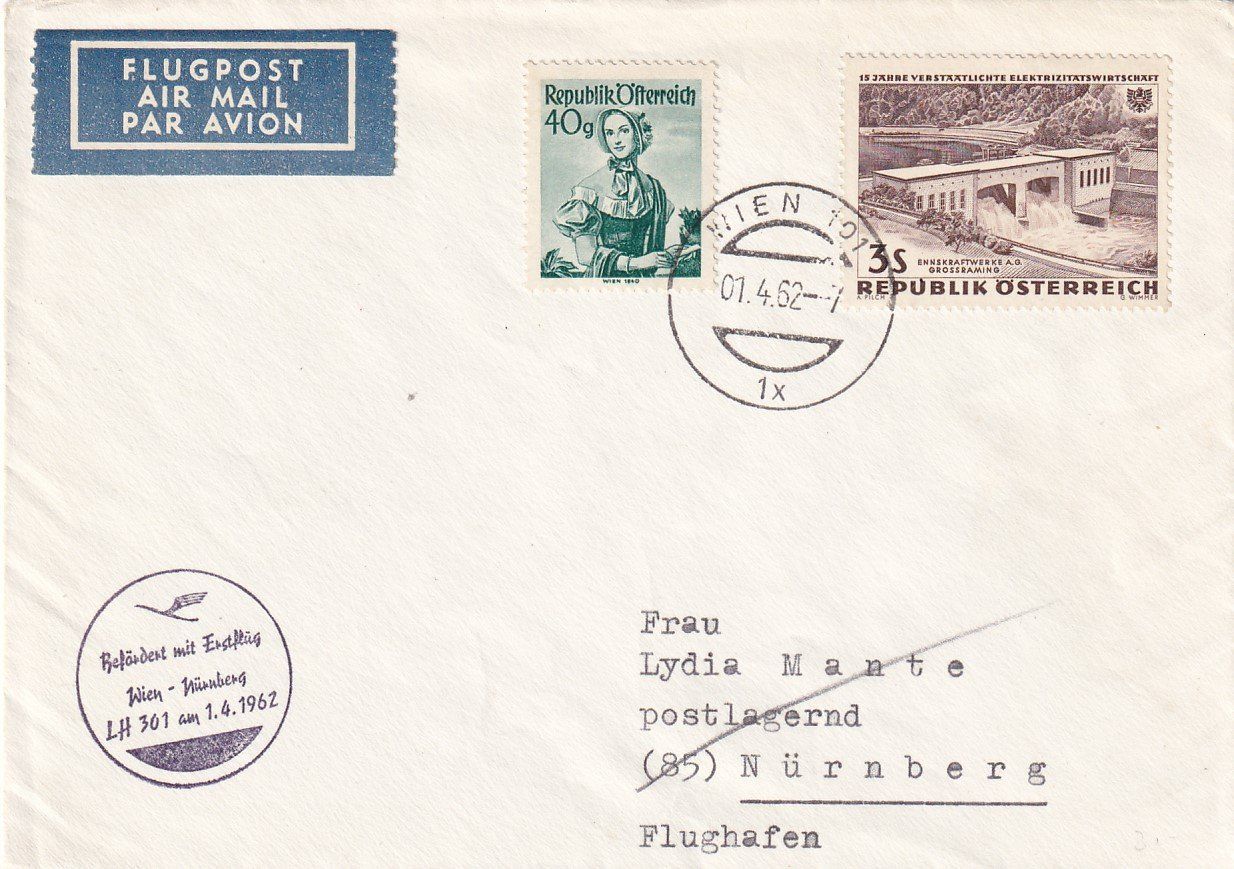 Tutti i francobolli: Erstflug Lufthansa Wien - Nürnberg 1962 – Usato da Baar venduto da Asmara111
