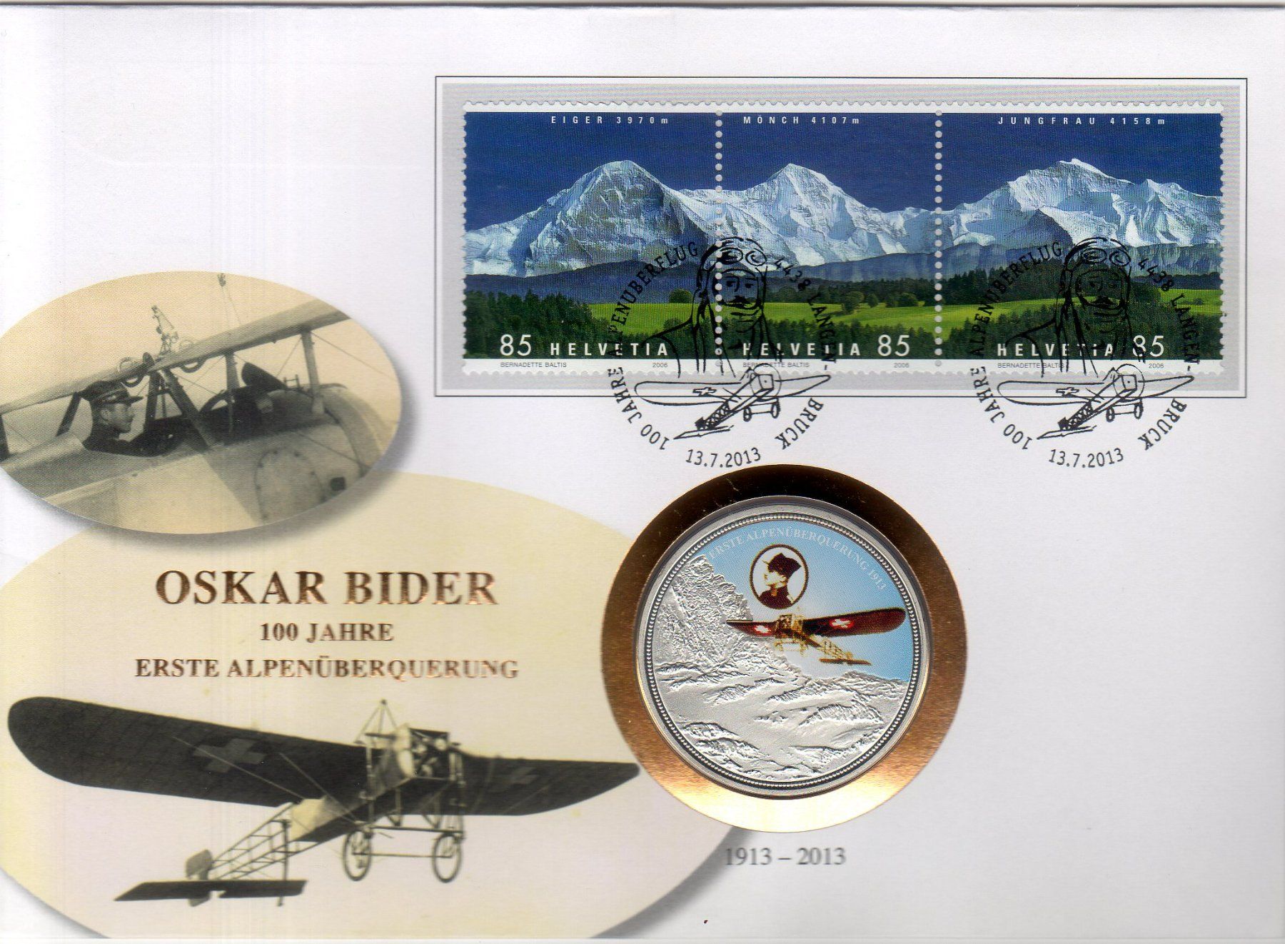 Tutti i francobolli: NUMISBRIEF OSKAR BIDER 100 J. ALPENÜBERQUERUNG 1913-2013 – Nuovo (secondo la descrizione) da Losone venduto da EM2019
